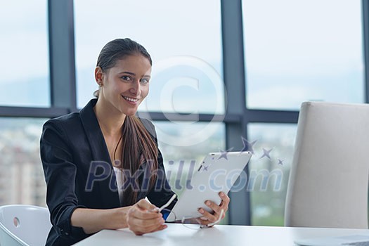 portrait of Young pretty business woman work on notebook computer in the bright modern office indoors portrait of Young pretty business woman work on notebook computer in the bright modern office indoors