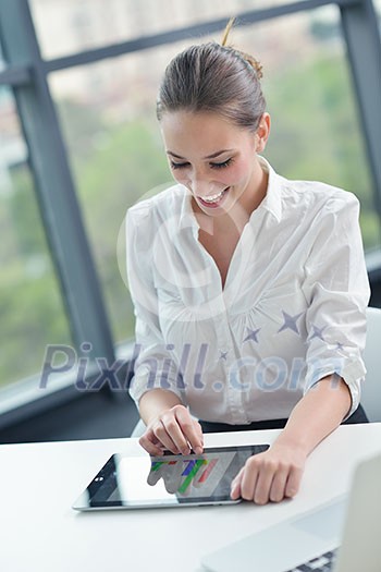 portrait of Young pretty business woman work on notebook computer in the bright modern office indoors portrait of Young pretty business woman work on notebook computer in the bright modern office indoors