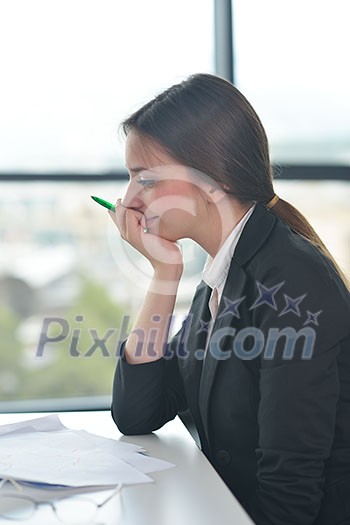 portrait of Young pretty business woman work on notebook computer in the bright modern office indoors portrait of Young pretty business woman work on notebook computer in the bright modern office indoors