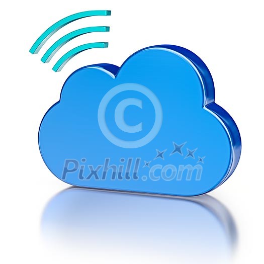 Remote wireless database cloud computing technology storage concept - blue glossy cloud with wireless symbol with reflection on white Remote wireless database cloud computing technology storage concept - blue glossy cloud with wireless symbol with reflection on white