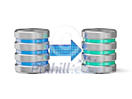 Creative database backup copy concept - metal hard disk drive database icons with arrow isolated on white Creative database backup copy concept - metal hard disk drive database icons with arrow isolated on white
