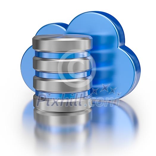 Remote database cloud computing technology storage concept - metal icon database icon and blue glossy cloud with reflection on white Remote database cloud computing technology storage concept - metal icon database icon and blue glossy cloud with reflection on white