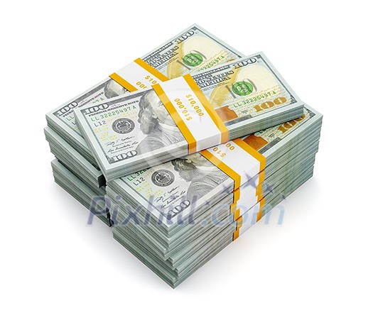 Creative business finance making money concept - stack of new new 100 US dollars 2013 edition banknotes (bills) bundles isolated on white background money stack on white Creative business finance making money concept - stack of new new 100 US dollars 2013 edition banknotes (bills) bundles isolated on white background money stack on white