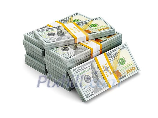 Creative business finance making money concept - stack of new new 100 US dollars 2013 edition banknotes (bills) bundles isolated on white background money stack on white Creative business finance making money concept - stack of new new 100 US dollars 2013 edition banknotes (bills) bundles isolated on white background money stack on white