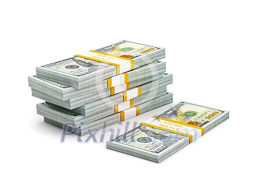 Creative business finance making money concept - stack of new new 100 US dollars 2013 edition banknotes (bills) bundles isolated on white background money stack on white Creative business finance making money concept - stack of new new 100 US dollars 2013 edition banknotes (bills) bundles isolated on white background money stack on white