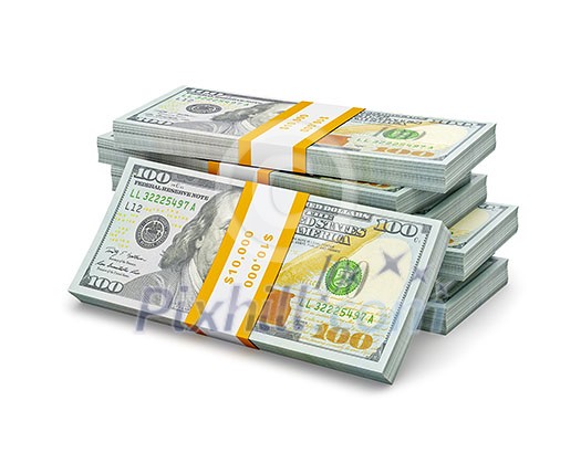 Creative business finance making money concept - stack of new new 100 US dollars 2013 edition banknotes (bills) bundles isolated on white background money stack on white Creative business finance making money concept - stack of new new 100 US dollars 2013 edition banknotes (bills) bundles isolated on white background money stack on white