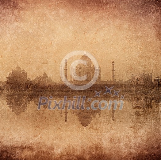 Vintage retro hipster style image of Taj Mahal with reflection in Yamuna river panorama in fog, Indian Symbol - India travel background with grunge texture overlaid. Agra, Uttar Pradesh, India Vintage retro hipster style image of Taj Mahal with reflection in Yamuna river panorama in fog, Indian Symbol - India travel background with grunge texture overlaid. Agra, Uttar Pradesh, India