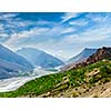 View of Spiti valley and Spiti river in Himalayas. Spiti valley, Himachal Pradesh, India