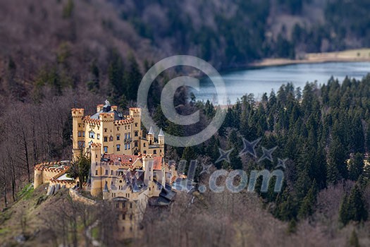 Hohenschwangau Castle Schloss Hohenschwangau, Alpsee and Schwansee - aerial view from Neuschwanstein Castle with tilt shift toy effect shallow depth of field. Bavaria, Germany