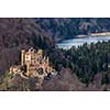 Hohenschwangau Castle Schloss Hohenschwangau, Alpsee and Schwansee - aerial view from Neuschwanstein Castle with tilt shift toy effect shallow depth of field. Bavaria, Germany