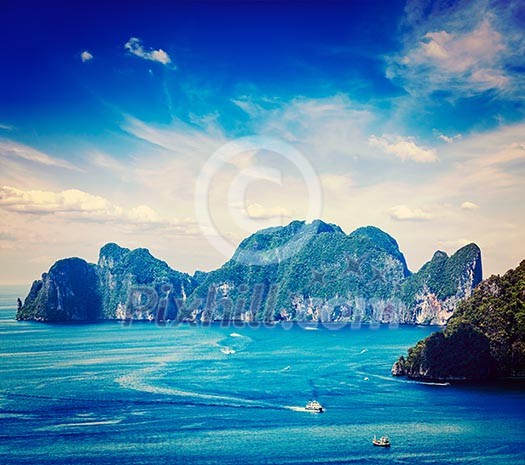 Vintage retro effect filtered hipster style travel image of aerial view of Phi Phi Leh island in Andaman Sea, Krabi Thailand Vintage retro effect filtered hipster style travel image of aerial view of Phi Phi Leh island in Andaman Sea, Krabi Thailand