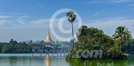 Panorama of Shwedagon Pagoda over Kandawgyi Lake in Yangon, Burma Myanmar Panorama of Shwedagon Pagoda over Kandawgyi Lake in Yangon, Burma Myanmar