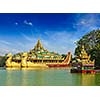 Yangon icon landmark and tourist attraction  Karaweik - replica of a Burmese royal barge at Kandawgyi Lake, Yangon, Myanmar Burma