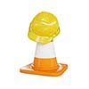 Under construction concept background - yellow hard hat on orange highway traffic construction cone with white stripes isolated on white