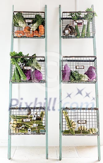 Vegetables stored in metallic shelves Vegetables stored in metallic shelves