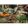 catering buffet food indoor in luxury restaurant with meat colorful fruits  and vegetables