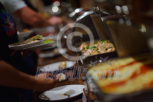 catering buffet food indoor in luxury restaurant with meat colorful fruits  and vegetables