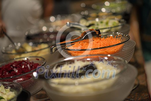 catering buffet food indoor in luxury restaurant with meat colorful fruits  and vegetables