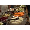 catering buffet food indoor in luxury restaurant with meat colorful fruits  and vegetables