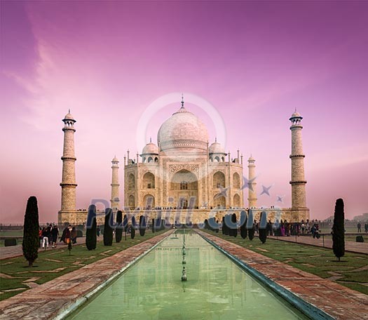 Taj Mahal on sunset, Indian Symbol - India travel background. Agra, Uttar Pradesh, India Taj Mahal on sunset, Indian Symbol - India travel background. Agra, Uttar Pradesh, India