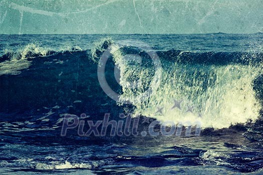Vintage retro hipster style travel image of wave close up in ocean with grunge texture overlaid. Sri Lanka Vintage retro hipster style travel image of wave close up in ocean with grunge texture overlaid. Sri Lanka