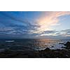 Rocky coast at sunset. Unawatuna, Sri Lanka