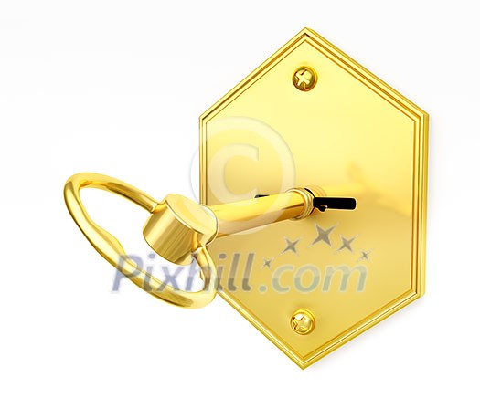 Safety concept - golden safe key in keyhole on white Safety concept - golden safe key in keyhole on white