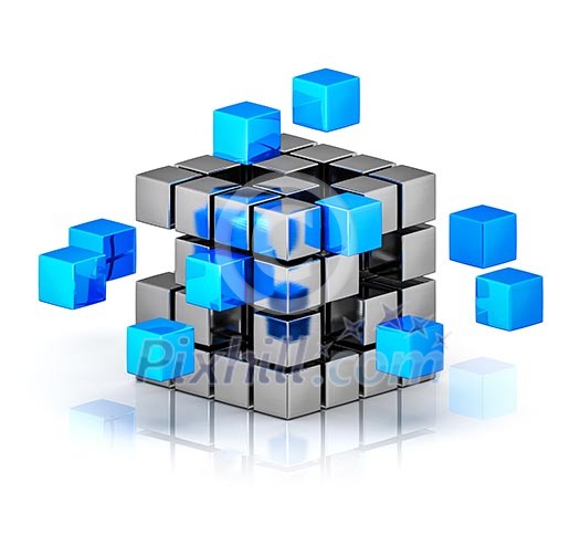 Business teamwork internet communication concept - cubes assembling into metal cubic structure isolated on white with reflection Business teamwork internet communication concept - cubes assembling into metal cubic structure isolated on white with reflection