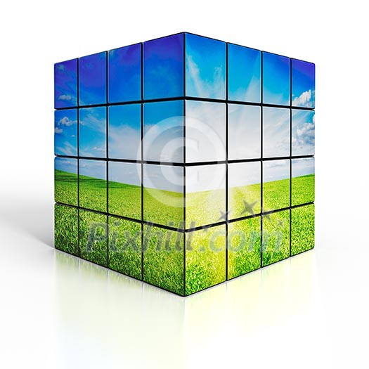 Ecology environmetal nature protection concept - cubes with beautiful landscape on white reflective background Ecology environmetal nature protection concept - cubes with beautiful landscape on white reflective background