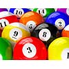 Set of billiard american pool balls close up