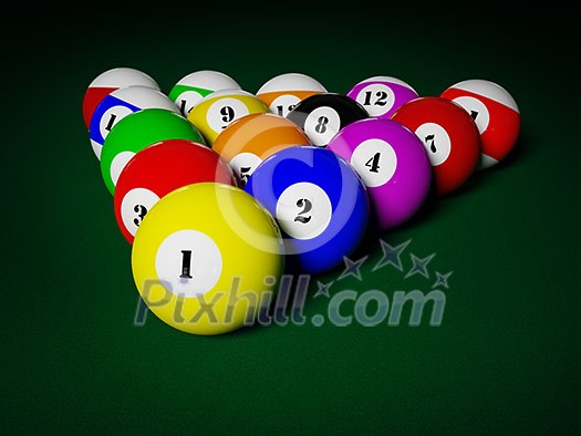 Billiards pool balls on pool table racked Billiards pool balls on pool table racked