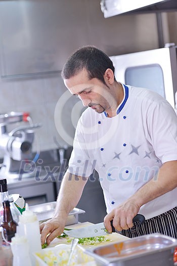 Handsome chef dressed in white uniform decorating pasta salad and seafood fish in modern kitchen Handsome chef dressed in white uniform decorating pasta salad and seafood fish in modern kitchen