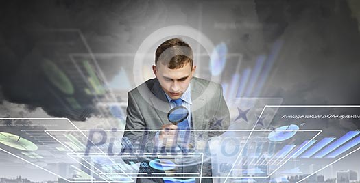 Image of businessman examining objects with magnifier Image of businessman examining objects with magnifier