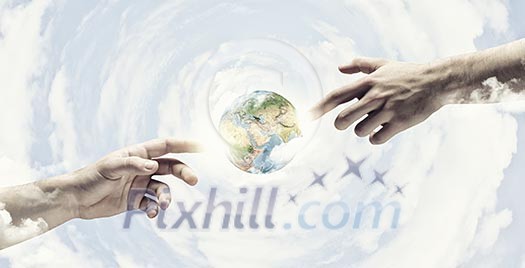 Close up of human hands touching with fingers. Based on Michelangelo picture. Elements of this image are furnished by NASA Close up of human hands touching with fingers. Based on Michelangelo picture. Elements of this image are furnished by NASA