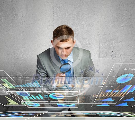 Image of businessman examining objects with magnifier Image of businessman examining objects with magnifier