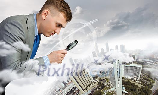 Image of businessman examining objects with magnifier Image of businessman examining objects with magnifier