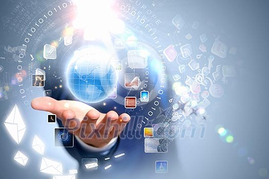 Image of globe on palm of businessman. Media technologies Image of globe on palm of businessman. Media technologies