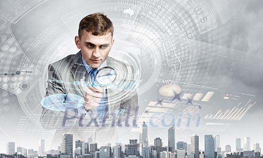 Image of businessman examining objects with magnifier Image of businessman examining objects with magnifier