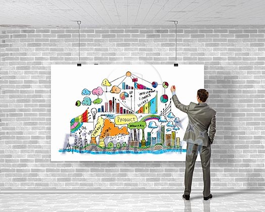 Image of businessman drawing business plan on white banner Image of businessman drawing business plan on white banner