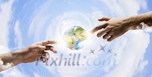 Close up of human hands touching with fingers. Based on Michelangelo picture. Elements of this image are furnished by NASA Close up of human hands touching with fingers. Based on Michelangelo picture. Elements of this image are furnished by NASA