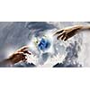 Close up of human hands touching with fingers. Based on Michelangelo picture. Elements of this image are furnished by NASA