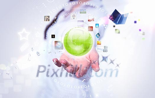 Image of globe on palm of businesswoman. Media technologies Image of globe on palm of businesswoman. Media technologies