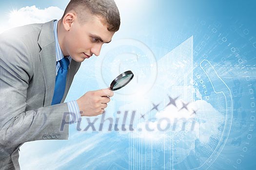 Image of businessman examining objects with magnifier Image of businessman examining objects with magnifier