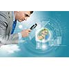 Image of businessman examining objects with magnifier. Elements of this image are furnished by NASA
