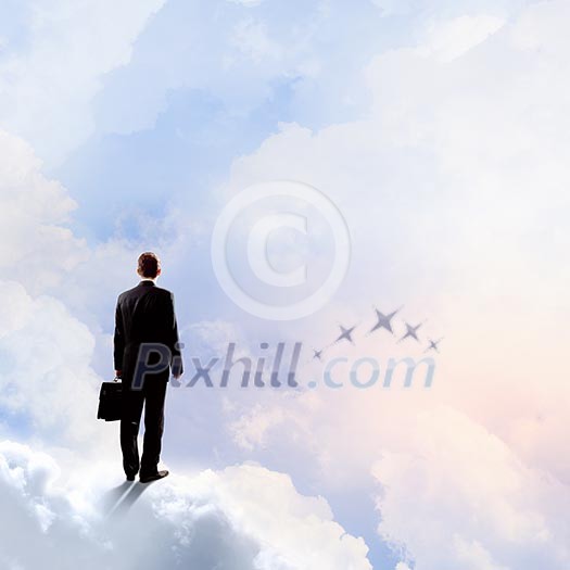 Back view of businessman standing on cloud high in sky Back view of businessman standing on cloud high in sky