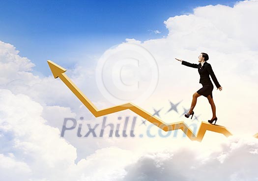 Young businesswoman walking on increasing graph high in sky Young businesswoman walking on increasing graph high in sky