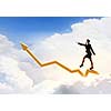 Young businesswoman walking on increasing graph high in sky