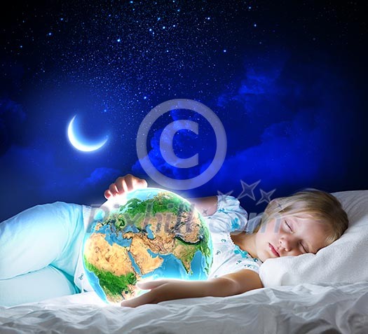 Girl in bed with Earth planet in hands. Elements of this image are furnished by NASA