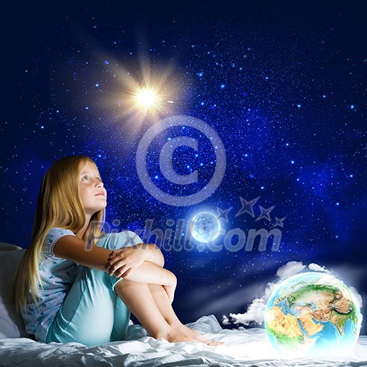 Girl sitting in bed and dreaming. Elements of this image are furnished by NASA Girl sitting in bed and dreaming. Elements of this image are furnished by NASA
