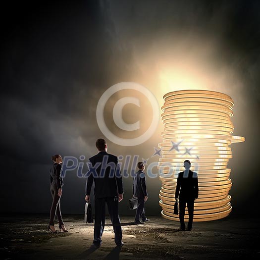 Business people and macro stack of euro coins Business people and macro stack of euro coins